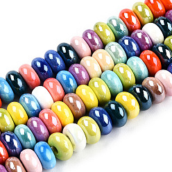 Mixed Color Handmade Porcelain Bead Strands, Bright Glazed Porcelain, Flat Round, Mixed Color, 9.5x5mm, Hole: 2.5mm, about 60pcs/strand, 11.50 inch(29.2cm)