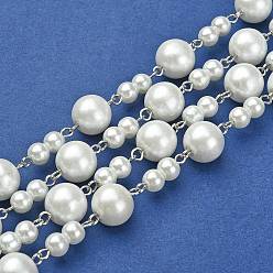 White Handmade Round Glass Pearl Beads Chains for Necklaces Bracelets Making, with Iron Eye Pin, Unwelded, Platinum, White, 39.3 inch