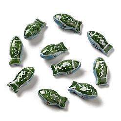 Green Handmade Printed Porcelain Beads, Famille Rose Porcelain, Fish, Green, 11x21.5~22x9mm, Hole: 1.5~1.8mm