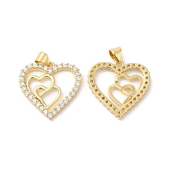 Real 16K Gold Plated Brass Micro Pave Clear Cubic Zirconia Pendants, Heart Charms, Real 16K Gold Plated, 22x22x3mm, Hole: 4x3.5mm