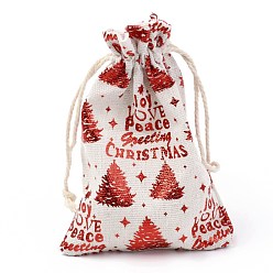 Arbre de Noël Sac en tissu en coton thème noël, sacs à cordonnet, pour les ornements de cadeau de collation de fête de noël, Motif à thème de Noël, 14x10 cm