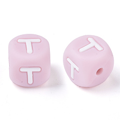 Letter T Food Grade Eco-Friendly Silicone Beads, Horizontal Hole, Chewing Beads For Teethers, DIY Nursing Necklaces Making, Letter Style, Cube, Pink, Letter.T, 10x10x10mm, Hole: 2mm