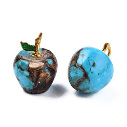 Deep Sky Blue Synthetic Gold Line Imperial Jasper Pendants, with Light Gold Plated Alloy Enamel Loops, Dyed & Heated, Apple, Deep Sky Blue, 18.5x13.5mm, Hole: 2x4mm