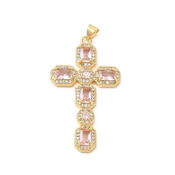 Misty Rose Rack Plating Brass Pendants, with Glass Cubic Zirconia, Religion Cross Charm, Cadmium Free & Lead Free, Long-Lasting Plated, Real 18K Gold Plated, Misty Rose, 46x26x4mm, Hole: 5X3mm