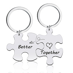 Stainless Steel Color Couple 201 Stainless Steel Keychain, Puzzle with Word Better & Together, Stainless Steel Color, 5.3~6cm, 2pcs/set