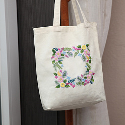 Blanco Kit de bordado de bolso de mano con patrón de marco de flores diy, incluyendo agujas de bordar e hilo, tela de algodón, aro de bordado de plástico, blanco, 390x340 mm