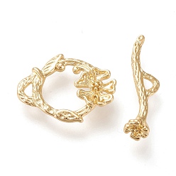 Real 18K Gold Plated Brass Toggle Clasps, Long-Lasting Plated, Flower, Real 18K Gold Plated, Flower: 18.5x15x3mm, Hole: 1.5x2.5mm, Bar: 22x6x5mm, Hole: 1.8x2.5mm