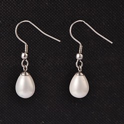 White Teardrop Shell Pearl Dangle Earrings, with 304 Stainless Steel Earring Hooks, White, 33mm, Pin: 0.8mm
