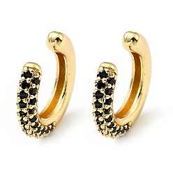 Black Cubic Zirconia C-Shaped Cuff Earrings, Gold Plated Brass Jewelry for Non-pierced Ears, Cadmium Free & Lead Free, Black, 14x15x3mm