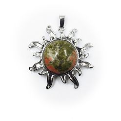 Unakite Natural Unakite Pendants, Sun Charms, with Platinum Plated Alloy Findings, 39x39mm