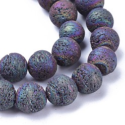 Multi-color Plated Electroplated Natural Lava Rock Beads Strands, Round, Multi-color Plated, 9.5~10.5mm, Hole: 1mm, about 40~42pcs/strand, 15.7 inch(40cm)