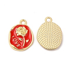 Red Alloy Enamel Pendants, Cadmium Free & Nickel Free & Lead Free, Golden, Oval with Rose & Word Love Charm, Red, 21x15.5x2.5mm, Hole: 2mm