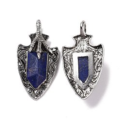 Lapis Lazuli Gros pendentifs à facettes en lapis-lazuli naturel, griffe de dragon avec breloques flèche, avec accessoires en alliage plaqués argent antique, 55x27.5x10.5mm, Trou: 6mm