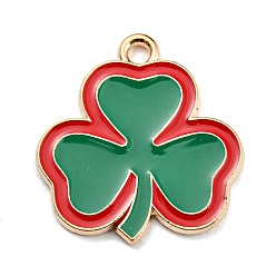 Green Saint Patrick's Day Alloy Enamel Pendants, Light Gold, Clover Charm, Green, 22x20.5x1.5mm, Hole: 2mm