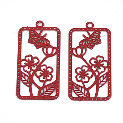 Red 430 Stainless Steel Filigree Pendants, Spray Painted, Etched Metal Embellishments, Rectangle with Flower, Red, 27x13x0.4mm, Hole: 1.2mm