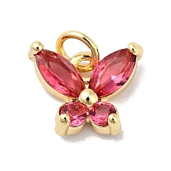 Deep Pink Rack Plating Brass Micro Pave Cubic Zirconia Charms, with Jump Ring, Cadmium Free & Lead Free, Real 18K Gold Plated, Butterfly Charms, Deep Pink, 12.5mm, Hole: 3mm