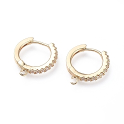 Golden Brass Micro Pave Cubic Zirconia Huggie Hoop Earring Findings, with Horizontal Loops, Ring, Clear, Golden, 15.5x14.5x2mm, Hole: 1mm, pin: 0.9mm