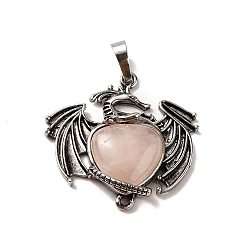 Rose Quartz Natural Rose Quartz Heart Pendants, Dragon Charms, with Rack Plating Antique Silver Plated Brass Findings, Lead Free & Cadmium Free, 33x33.5~34x7~7.5mm, Hole: 8x5mm