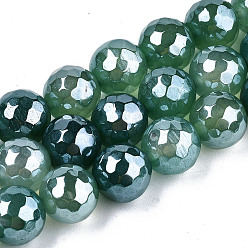 Sea Green Electroplate Natural Agate Beads Strands, Dyed, Faceted, Pearl Luster Plated, Round, Sea Green, 10.5mm, Hole: 1.2mm, about 36~37pcs/strand, 14.37 inch~14.57 inch(36.5cm~37cm)