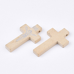 Marron Clair Pendentifs en bois imprimées, crucifix croix, pour Pâques, bisque, 41.5~42.5x23.5~24.5x4.5mm, Trou: 2mm