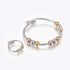 Color mezclado 304 de acero inoxidable conjuntos de joyas, brazaletes y anillos ajustables, color mezclado, 2-1/8 pulgada (55 mm), 3 mm