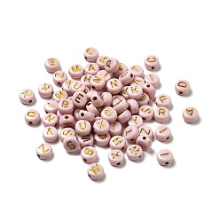 Pêche Perles acryliques plaquées, métal doré enlaça, trou horizontal, plat rond avec la lettre, peachpuff, 6.5~7x3.5~4mm, Trou: 1.6mm, environ 3600g / 500g