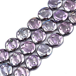 Purple ABS Plastic Imitation Pearl Beads Strands, AB Color Plated, Flat Round, Purple, 18x5mm, Hole: 0.7mm, about 22pcs/strand, 15.75 inch(40cm)