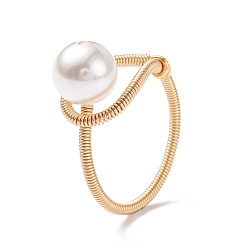 Light Gold Shell Pearl Beaded Finger Ring, Brass Wire Wrap for Women, Light Gold, US Size 7 1/4(17.5mm)