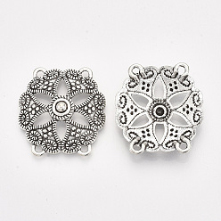 Antique Silver Tibetan Style Alloy Multi Strand Links, Cadmium Free & Lead Free,, Flower, Antique Silver, 28x30x6mm, Hole: 2mm, about 366pcs/1000g