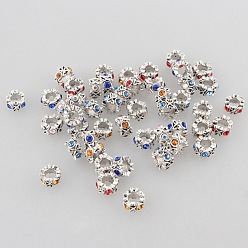 Mixed Color Antique Silver Zinc Alloy Ring Rhinestone Large Hole Beads, Mixed Color, 10x6mm, Hole: 5mm