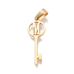 Letter M 304 pendentifs initiaux en acier inoxydable, Pendentifs grand trou, clé avec lettre, or, letter.m, 25x8.5x1mm, Trou: 6x2.5mm