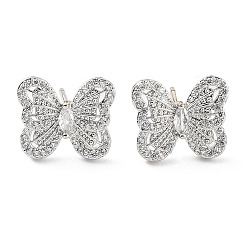 Platinum Butterfly Rack Plating Brass Micro Pave Clear Cubic Zirconia Stud Earrings for Women, Long-Lasting Plated, Lead Free & Cadmium Free, Platinum, 11.5x13.5mm