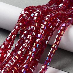 Dark Red Electroplate Glass Beads Strands, AB Color Plated, Faceted, Cube, Dark Red, 4x4x4mm, Hole: 1mm, about 100pcs/strand, 17 inch