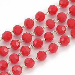 Real 18K Gold Plated Handmade Glass Beaded Chains, Soldered, with Brass Findings, Faceted, Round, Red, Real 18K Gold Plated, 3mm