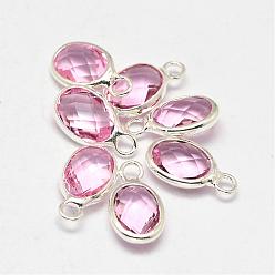 Flamingo Oval Faceted Silver Color Plated Brass Glass Charms, Flamingo, 12x7x3.5mm, Hole: 1mm
