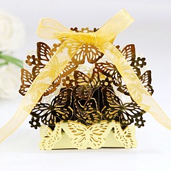 Amarillo Cajas de cartón de dulces de boda plegables creativas, pequeñas cajas de regalo de papel, mariposa hueca con cinta, amarillo, pliegue: 6.3x4x4 cm