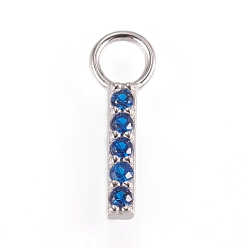 Blue 925 Sterling Silver Pendants, September Birthstone Charms, with Micro Pave Cubic Zirconia, Rectangle/Bar, Silver, Blue, 10.5x1.5x1.5mm, Hole: 2.5mm