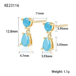 Deep Sky Blue Cubic Zirconia Teardrop Dangle Stud Earrings, Golden 925 Sterling Silver Earrings, Deep Sky Blue, 12.8x3.93~4.7mm