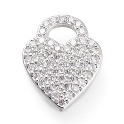 Platinum Brass Micro Pave Clear Cubic Zirconia Pendants, Long-Lasting Plated, Heart, Platinum, 15.5x12x2mm, Hole: 3x4mm