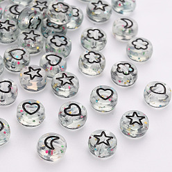 Noir Perles acryliques transparentes transparentes, avec de la poudre de paillettes, plat rond avec lune noire & coeur & fleur & étoile, 7x3.5mm, Trou: 1.5mm, environ3600 pcs / 500 g
