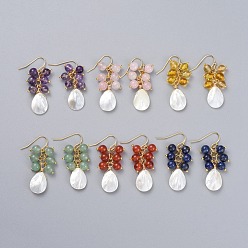 Mixed Stone Natural Gemstone Dangle Earrings, with Natural Spiral Shell Beads, Real 18K Gold Plated Brass Earring Hooks and Copper Wire, 43mm, Pin: 0.6mm