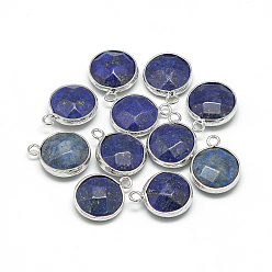 Blue Synthetic Lapis Lazuli Pendants, with Brass Findings, Faceted, Dyed, Flat Round, Platinum, Blue, 19~21x15~16x6~7mm, Hole: 2mm