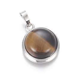 Tiger Eye Natural Tiger Eye Pendants, with Brass Findings, Half Round, Platinum, 23~24x19~20x8~10mm, Hole: 8x5mm