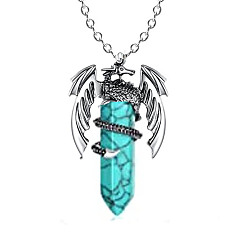 Natural Turquoise Natural Turquoise Bullet with Dragon Pendant Necklace with Zinc Alloy Chains, 19.69 inch(50cm)