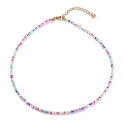 Colorful Round Transparent Inside Colours Glass Seed Beaded Necklaces, with Alloy Lobster Claw Clasps, Golden, Colorful, 15.07 inch(38.5cm)