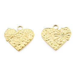 Real 18K Gold Plated Ion Plating(IP) 201 Stainless Steel Pendants, Heart with Flower, Real 18K Gold Plated, 18.5x20x2mm, Hole: 2.5mm
