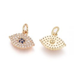 Real 18K Gold Plated Brass Micro Pave Cubic Zirconia Pendants, with Jump Ring, Long-Lasting Plated, Evil Eye, Clear & Blue, Real 18K Gold Plated, 10x13x2.5mm, Hole: 3.5mm