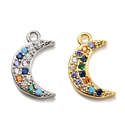 Mixed Color Brass Cubic Zirconia Charms, with Enamel, Moon, Colorful, Mixed Color, 13.5x8x2mm, Hole: 1mm