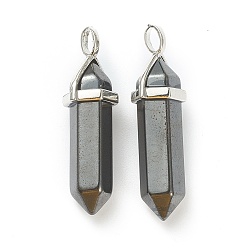 Non-magnetic Hematite Natural Non-magnetic Hematite Pendants, with Platinum Tone Brass Findings, Bullet, 39.5x12x11.5mm, Hole: 4.5x2.8mm