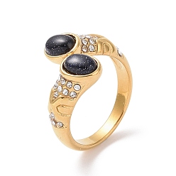 Blue Goldstone Synthetic Blue Goldstone Oval Open Cuff Ring with Crystal Rhinestone, Ion Plating(IP) 304 Stainless Steel Jewelry for Women, Golden, US Size 6(16.5mm)